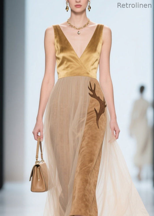 Natural V Neck Tulle Patchwork Silk Velvet Dress Sleeveless