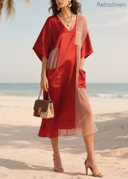 Red Patchwork Tulle Robe Dresses Asymmetrical Summer