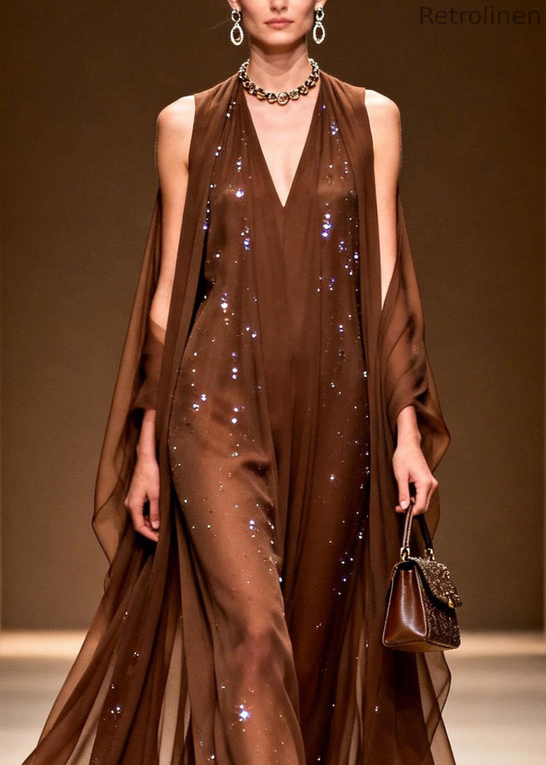 Coffee Cold Shoulder Zircon Chiffon Maxi Dresses Sleeveless