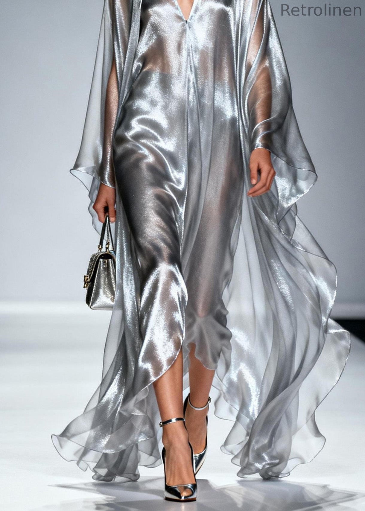 Loose Silver V Neck Asymmetrical Silk Robe Dresses Summer