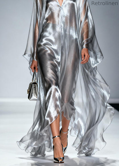 Loose Silver V Neck Asymmetrical Silk Robe Dresses Summer