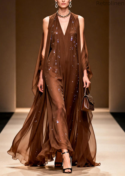 Coffee Cold Shoulder Zircon Chiffon Maxi Dresses Sleeveless