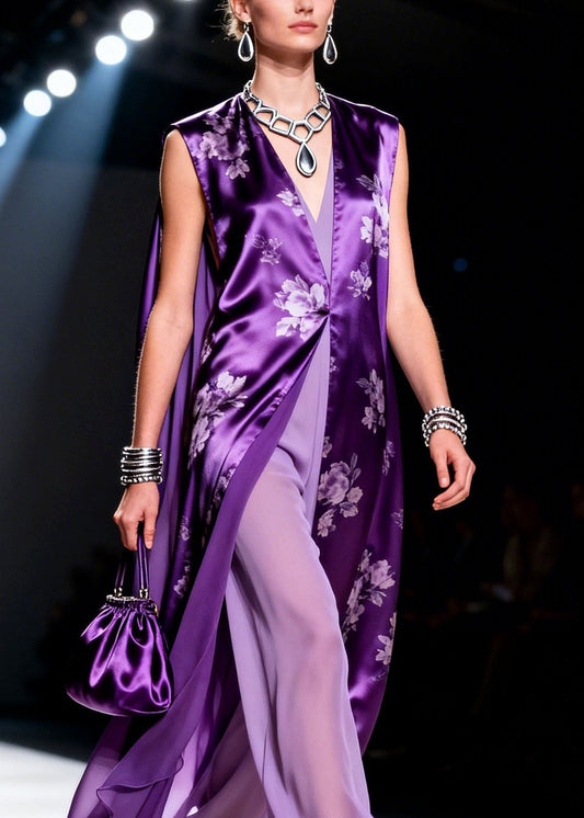 Purple V Neck Print Chiffon Two Piece Suit Set Summer