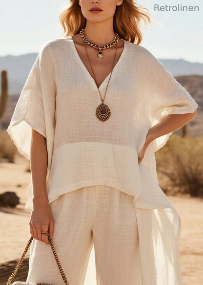 White Patchwork Linen Two Piece Suit Set Oversized Low High Design Summer