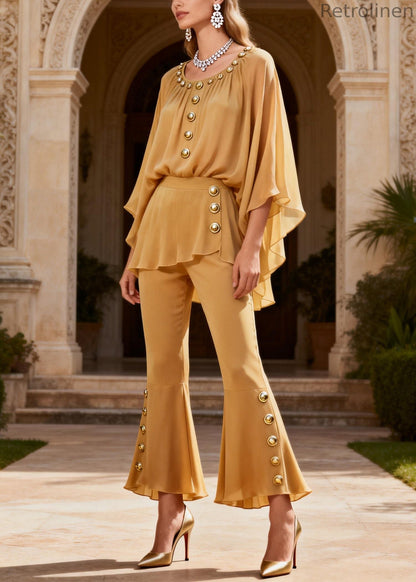 Yellow O Neck Button Patchwork Silk Two Pieces Set Summer