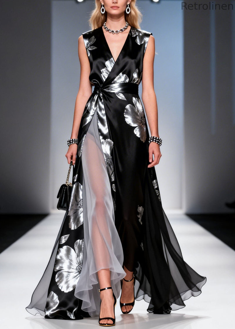 Modern Black V Neck Print Chiffon Maxi Dresses Summer