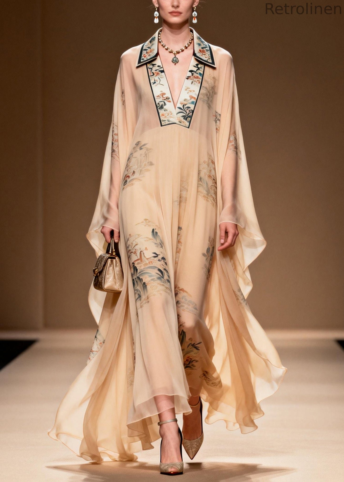 Apricot V Neck Print Chiffon Maxi Dress Summer