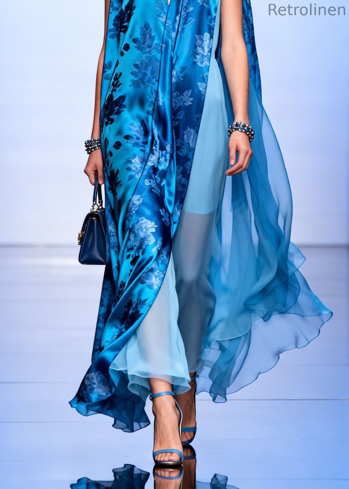 Blue V Neck Asymmetrical Design Print Silk Dresses Sleeveless