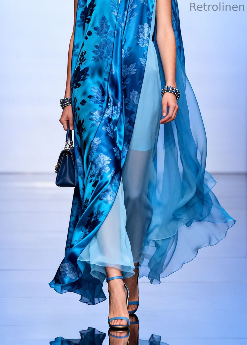 Blue V Neck Asymmetrical Design Print Silk Dresses Sleeveless