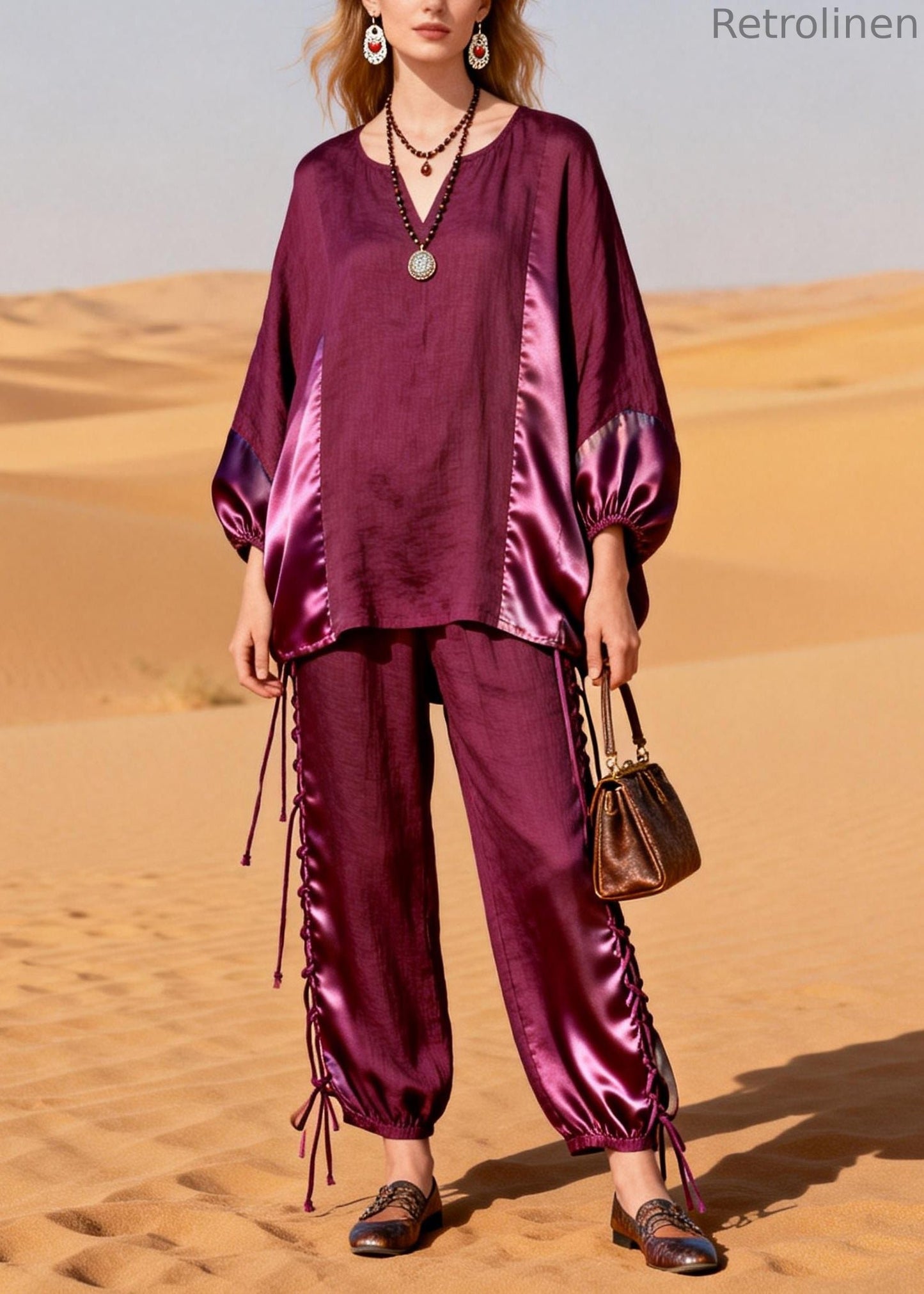 Purple Drawstring Patchwork Silk Linen Two Pieces Set V Neck Spring