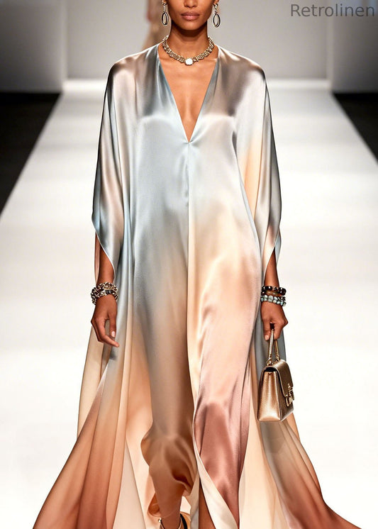 Gradient Color V Neck Chiffon Ankle Dress Summer