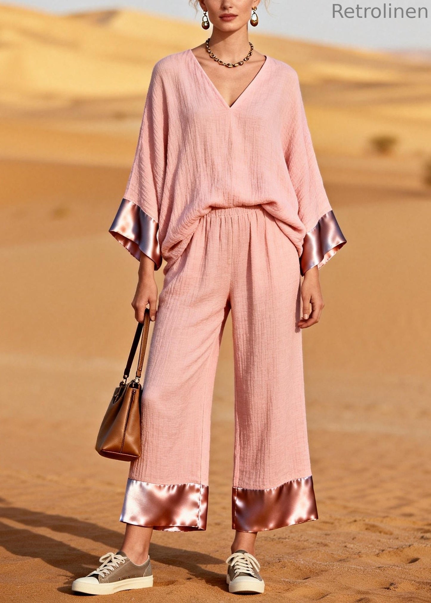 Pink V Neck Patchwork Cotton Two Piece Set Clothing Spring
