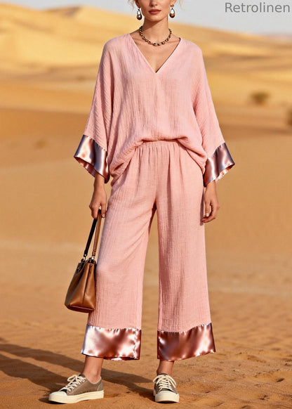 Pink V Neck Patchwork Cotton Two Piece Set Clothing Spring