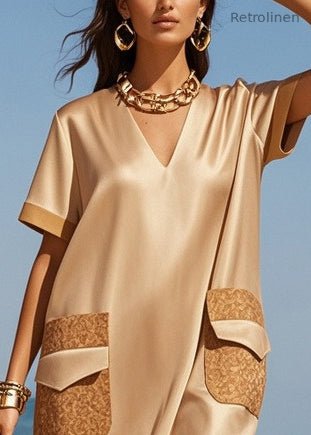 Style Khaki V Neck Patchwork Draping Silk Mid Dresses Summer