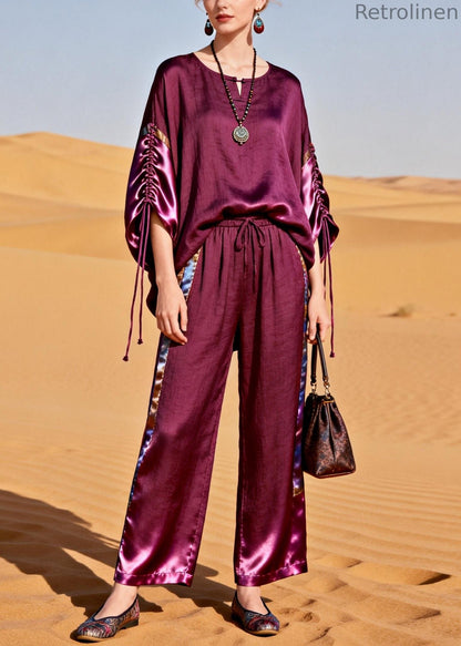 Boutique Purple Drawstring Elastic Waist Silk Patchwork Two Piece Set
