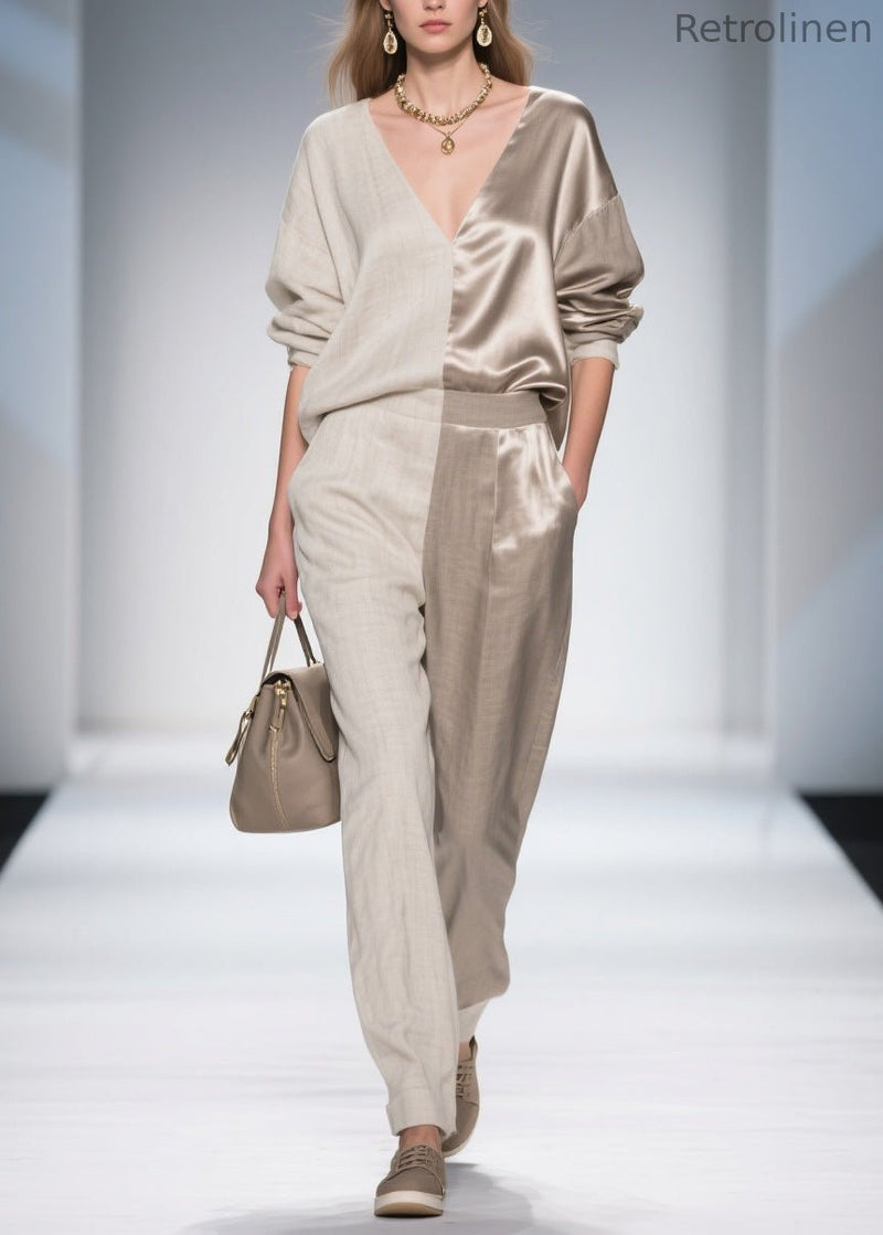French Colorblock V Neck Patchwork Linen Silk Two Pieces Set Spring