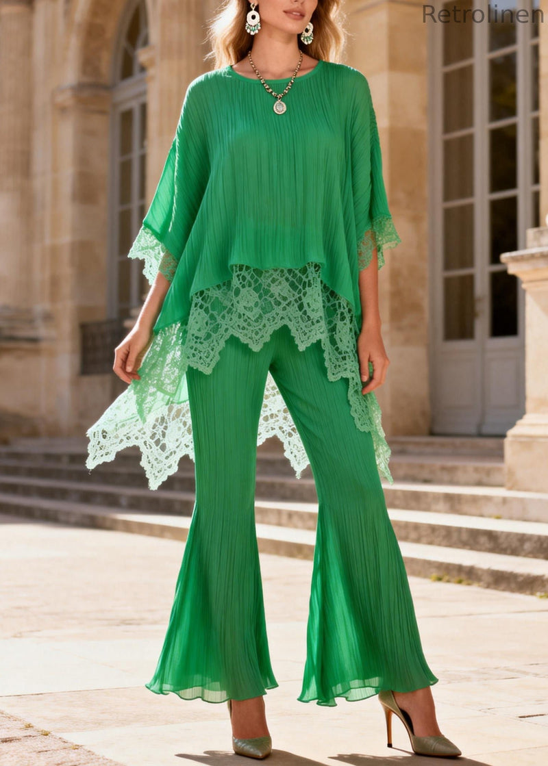 Green Lace Patchwork Tops and Flared Trousers Two Pieces Set O Neck Batwing Sleeve