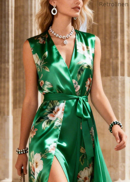 Handmade Green Tunic Patchwork Silk Evening Dress Sleeveless