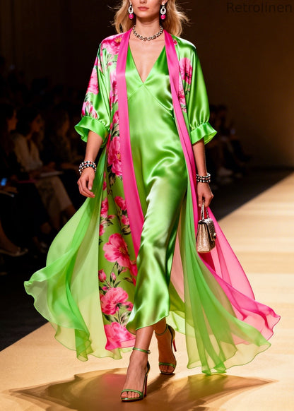 Modern Fluorescent Green Print Draping Silk Dress Two Pieces Set Summer