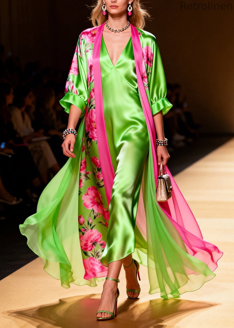 Modern Fluorescent Green Print Draping Silk Dress Two Pieces Set Summer