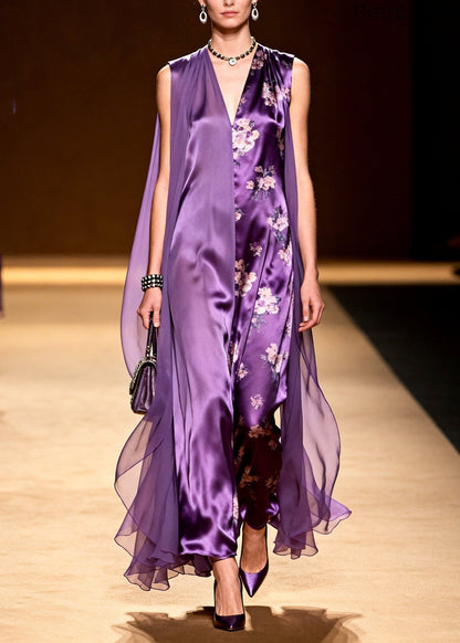 Purple Asymmetrical Tulle Patchwork Silk Holiday Dress Sleeveless