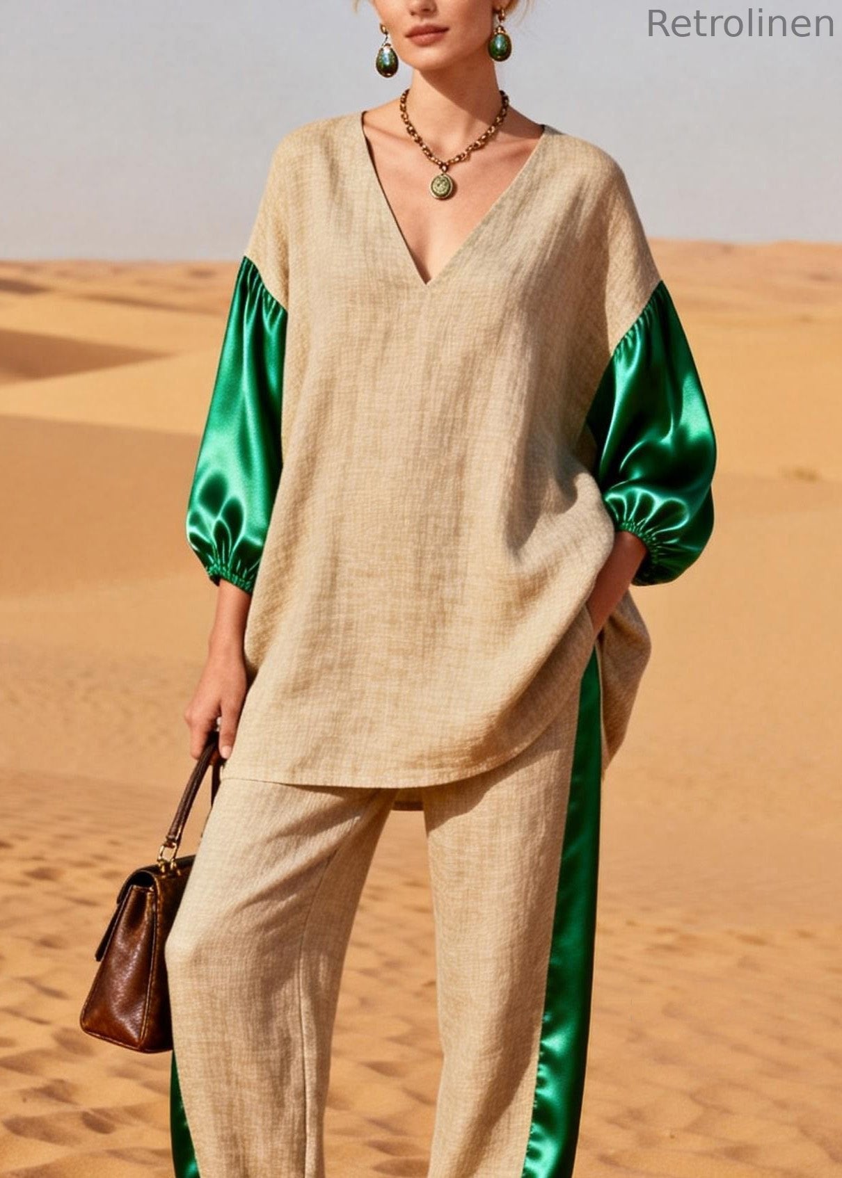 Loose Colorblock Silk Patchwork Linen Two Pieces Set Spring