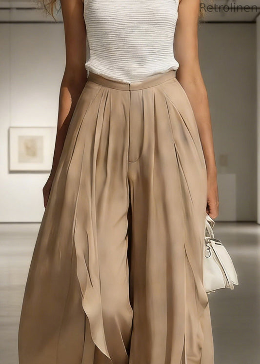 French Khaki Side Open High Waist Cotton Wide Leg Pants Summer