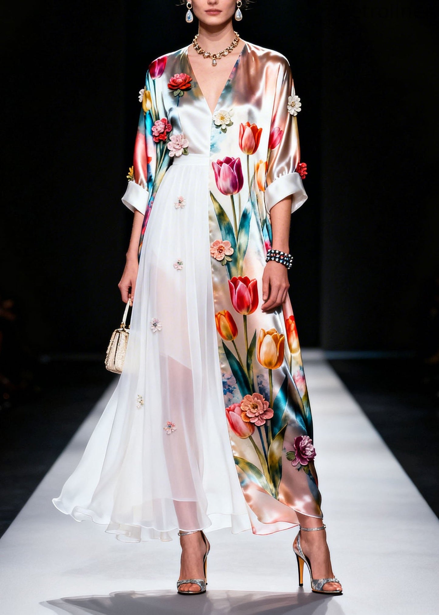 V Neck Asymmetrical Design Silk Dress Summer
