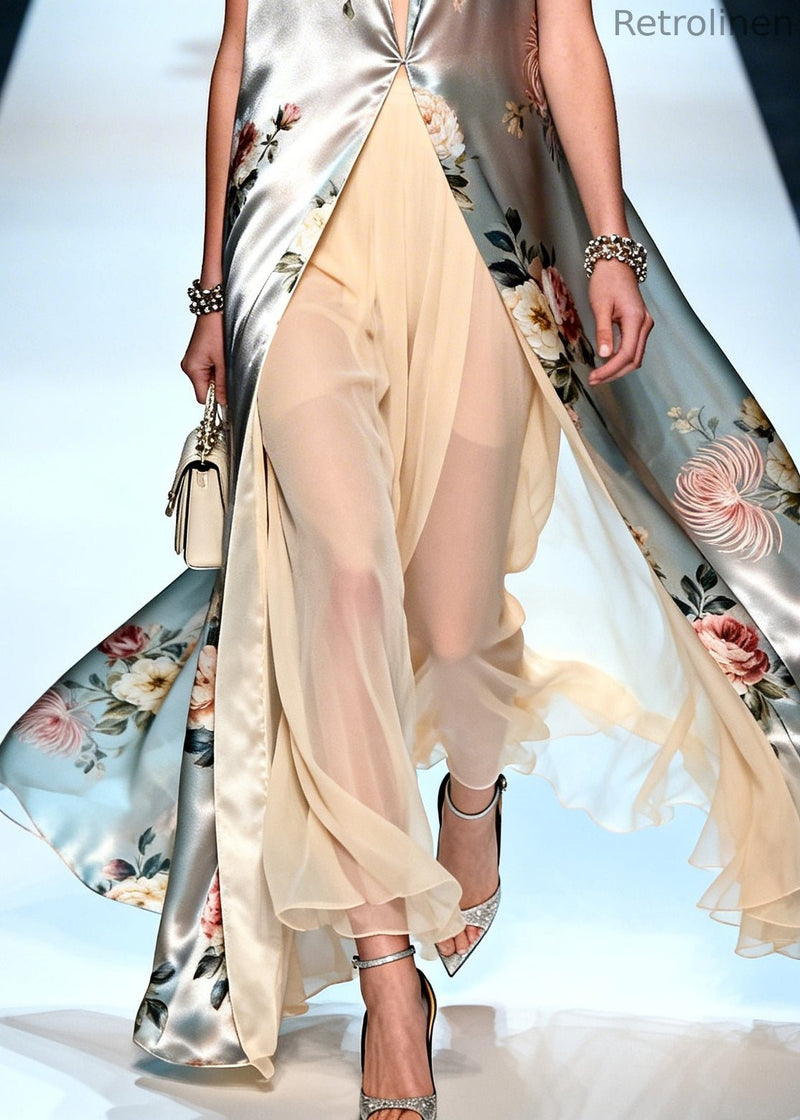 Silvery Print Chiffon Long Dress Two Pieces Set Summer