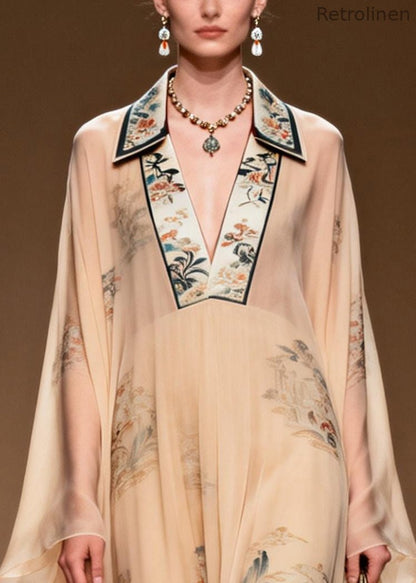 Apricot V Neck Print Chiffon Maxi Dress Summer