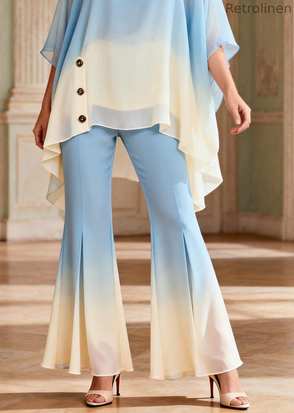 Gradient Color Blue O-neck Top and Flared Trousers Two Pieces Set Flare Sleeve