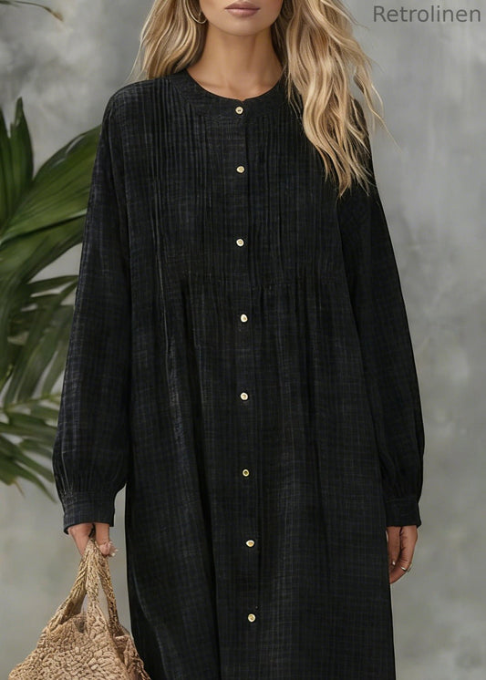 Black Plaid Button Cotton Blouses Dress O Neck Spring