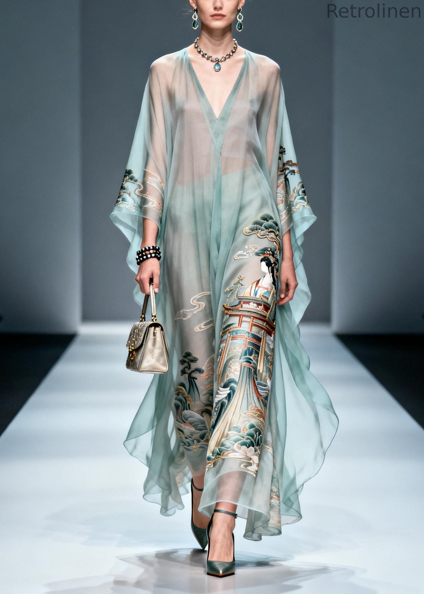 Blue Oversized Print Chiffon Long Dresses Summer