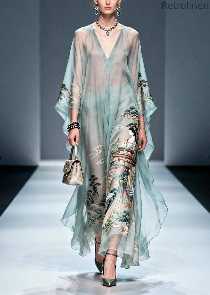 Blue Oversized Print Chiffon Long Dresses Summer