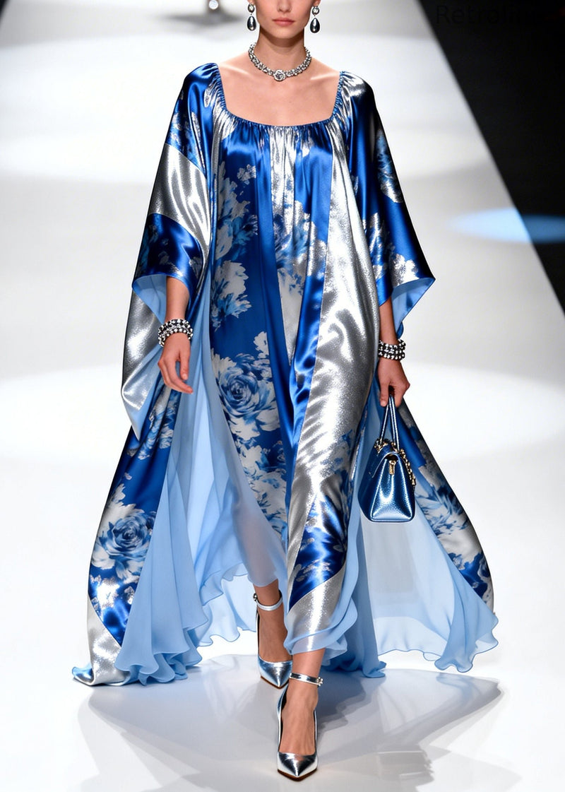 Modern Blue Square Collar Print Chiffon Party Dress Summer