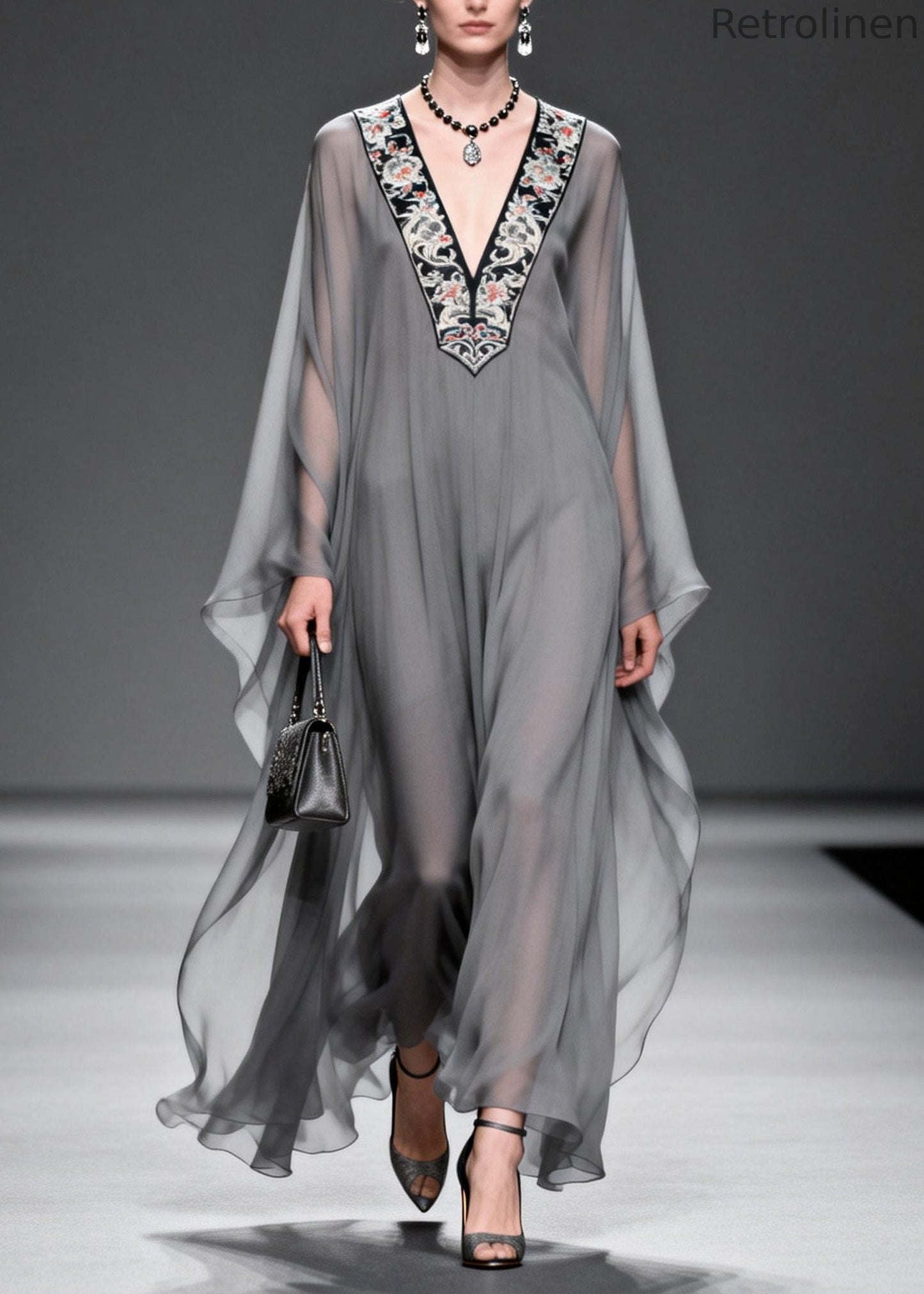 Grey V Neck Print Patchwork Chiffon Maxi Dresses Spring