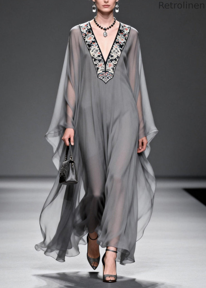 Grey V Neck Print Patchwork Chiffon Maxi Dresses Spring