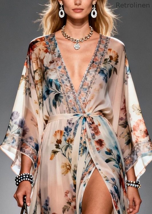 Beige Print Chiffon Maxi Dresses Exra Large Hem Side Open Summer