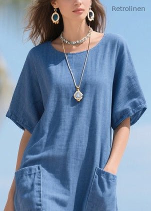 Denim Blue Pockets Patchwork Tulle Cotton Long Dress Summer
