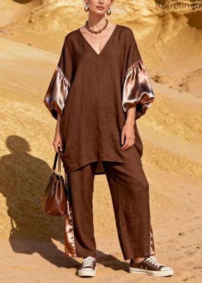 Coffee V Neck Patchwork Linen Silk Two Pieces Set Spring