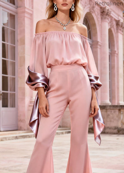 French Pink Slash Neck Patchwork Silk Two Pieces Set Summer