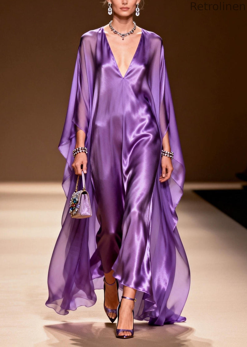 Purple V Neck Silk Long Dress Spring