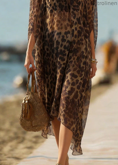 Leopard Slash Neck Silk Dresses Batwing Sleeve