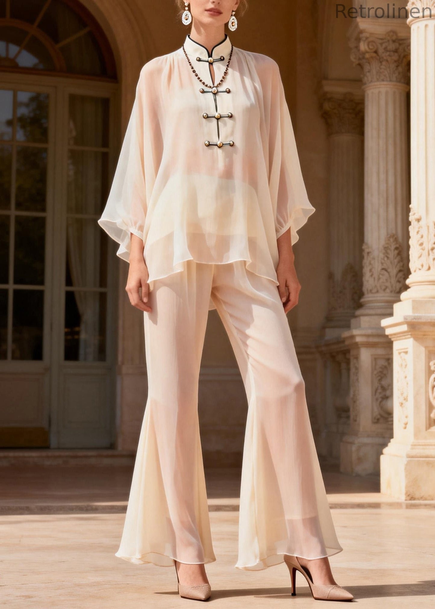 Stand Collar Chinese Button Patchwork Silk Two Piece Set Summer
