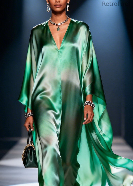 Loose Green Gradient V Neck Chiffon Dresses Summer
