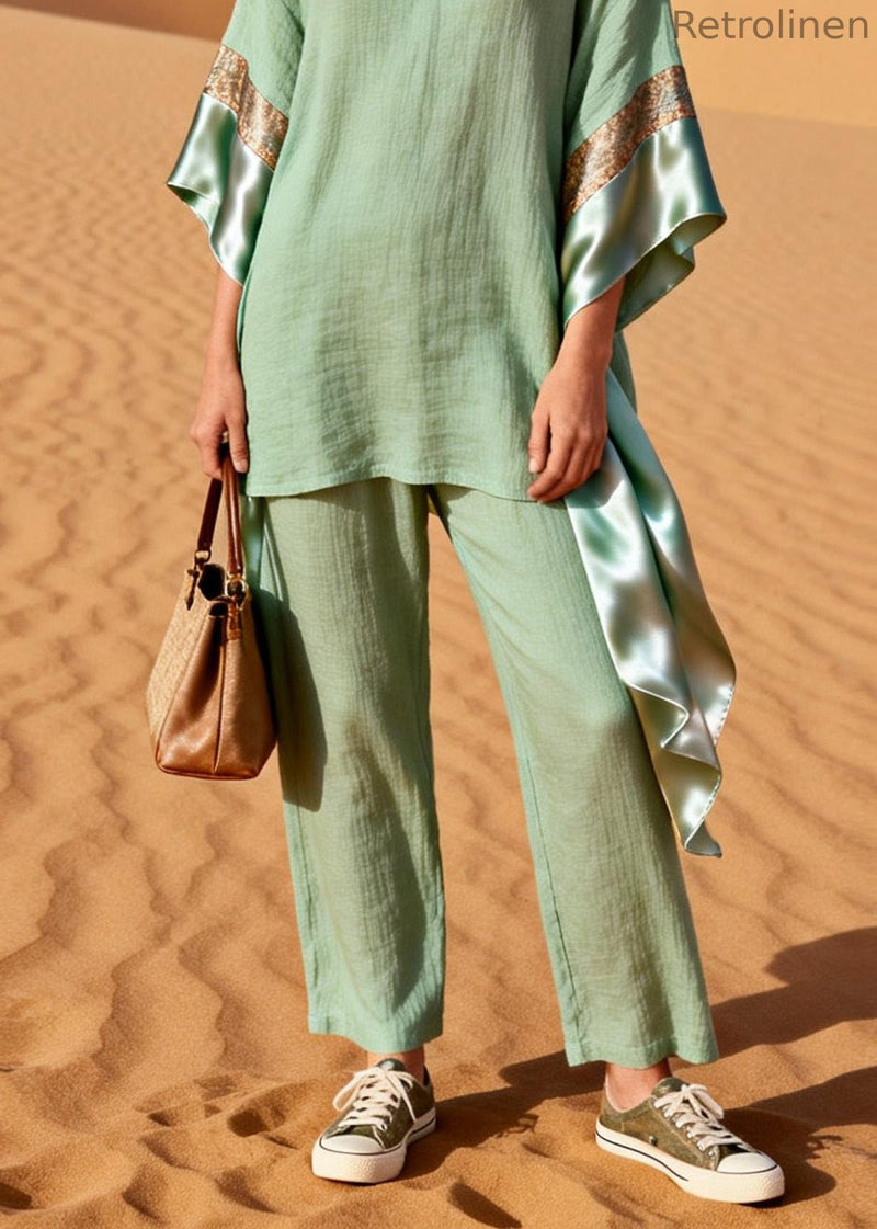 Green V Neck Patchwork Linen Silk Two Pieces Set Summer