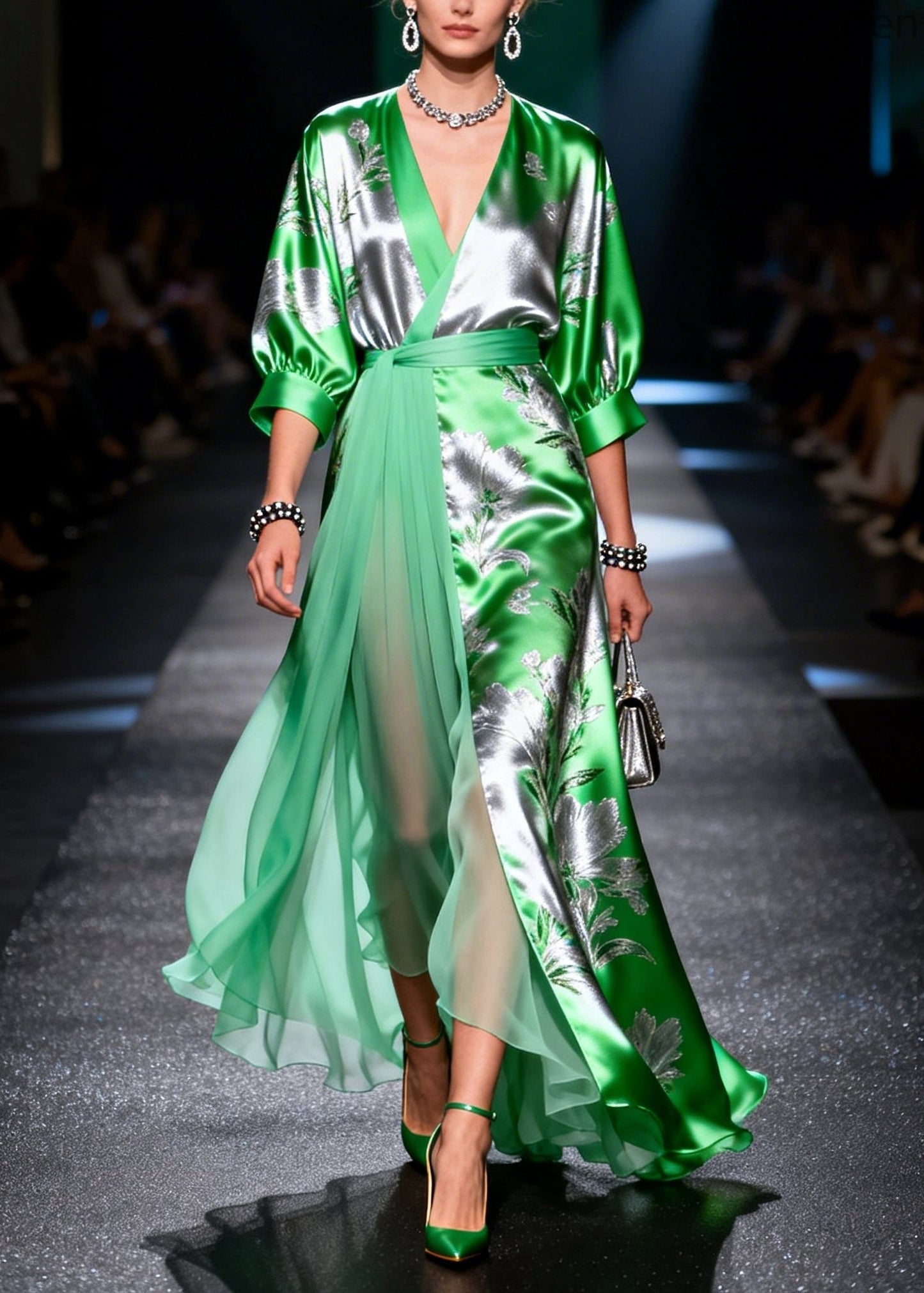 Fine Grass Green Jacquard Patchwork Low High Design Chiffon Maxi Dress Summer