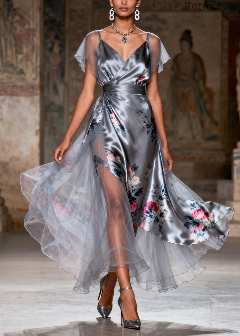 Unique Grey V Neck Print Patchwork Silk Dress Summer