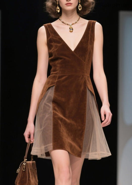 French V Neck Tulle Patchwork Velvet Dress Sleeveless
