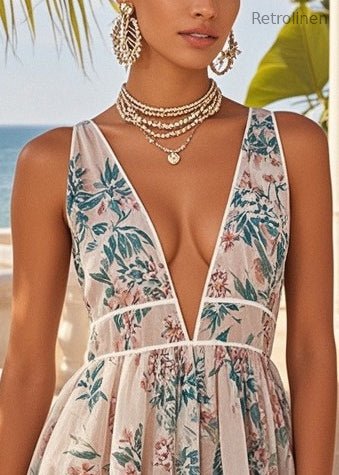 Apricot Deep-v Neck Print Chiffon Mini Dress Summer